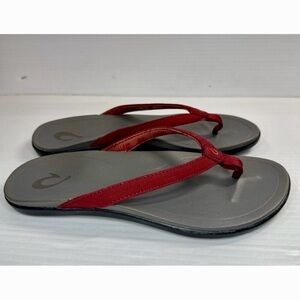 💥SOLD💥Olukai Women’s Ho'opio Thong Flip Flop Sandals Red Dahlia Charcoal Sz 6/36
